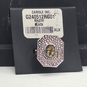 Carole Inc. Silvertone Clear Rhinestone Ring with Abalone Inlay Size 7